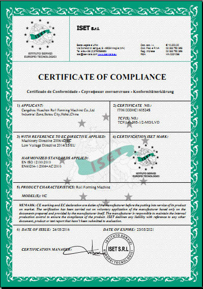 China Cangzhou Huachen Roll Forming Machinery Co., Ltd. Certification